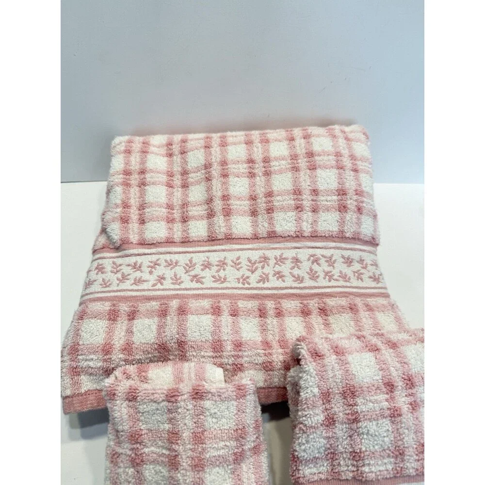 VTG Laura Ashley Pink Hand Towels Embroidered Checkered Striped Set of 3